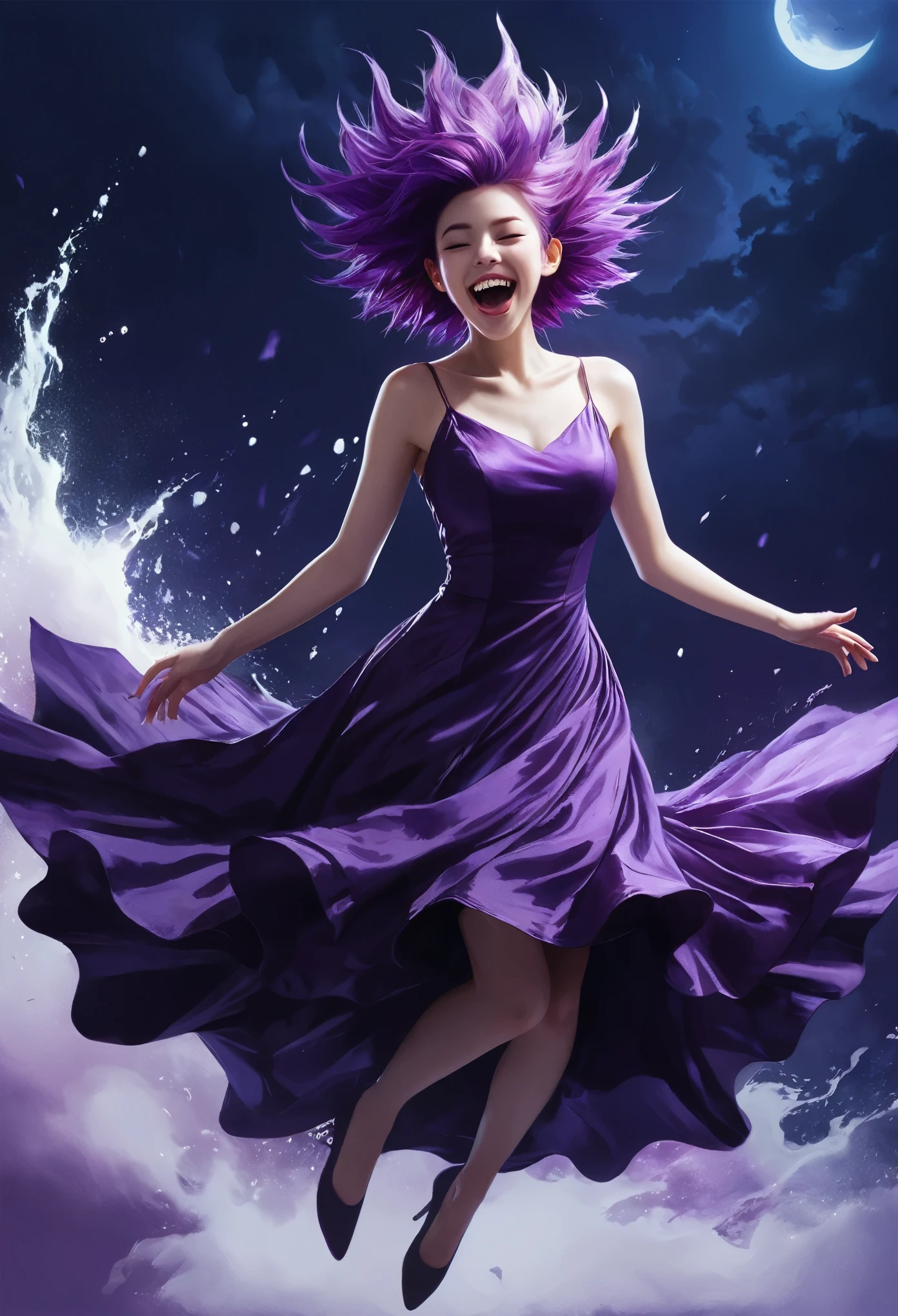ghost, (Monster Girl), Purple Skin, peak, Purple Spiky Hair, Sudden laughter, Floating Hands, Wearing a dark purple dress, Floating in mid-air, masterpiece, best quality