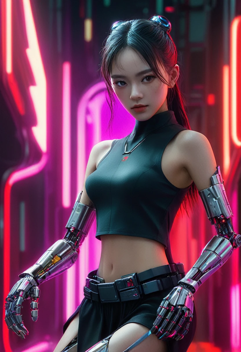 xxmixgirl. Highly detailed professional 35mm film, bokeh, face in sharp focus. A robotic female, Miku, with ((metal skin)), ((perfect Asian eyes)) with magenta irises and ((black pupils)), beautiful serious (detailed face), 18 year old ((photorealistic face)), very long magenta twin tails of magenta hair, twin black hair ties with a single red stripe. She may have a black audio headpiece. We can see her ((full body)) down to her boot soles. Her outfit is a sleeveless collared light grey shirt, outlined in red around the frilled collar and hems. Shiny reflective ((metallic breast cups, dimpleless)), invisible nipples. She wears black sleeves with red hems that start around her upper arm and bellow out as the sleeves open and extend to her wrists, with wide trumpet red rimmed cuffs. She has perfect robotic (detailed hands). She wears a red colored tie with two horizontal solid parallel black lines halfway across. She wears a fabric black skirt with a horizontal red hem at the bottom all the way around; her (((black skirt wraps around her))) and ((her skirt completely covers)) her robotic waist and thighs. Tall black boots with red bottom soles, a red rim around the top at her thighs. Her mechanical shoulder joints are visible. We can see her robotic legs and robotic neck. Half of her is covered with shiny polished machinery. The background is a distant dark neon futuristic Japanese city, gold, cyan, violet neon, near harbor or mountains.