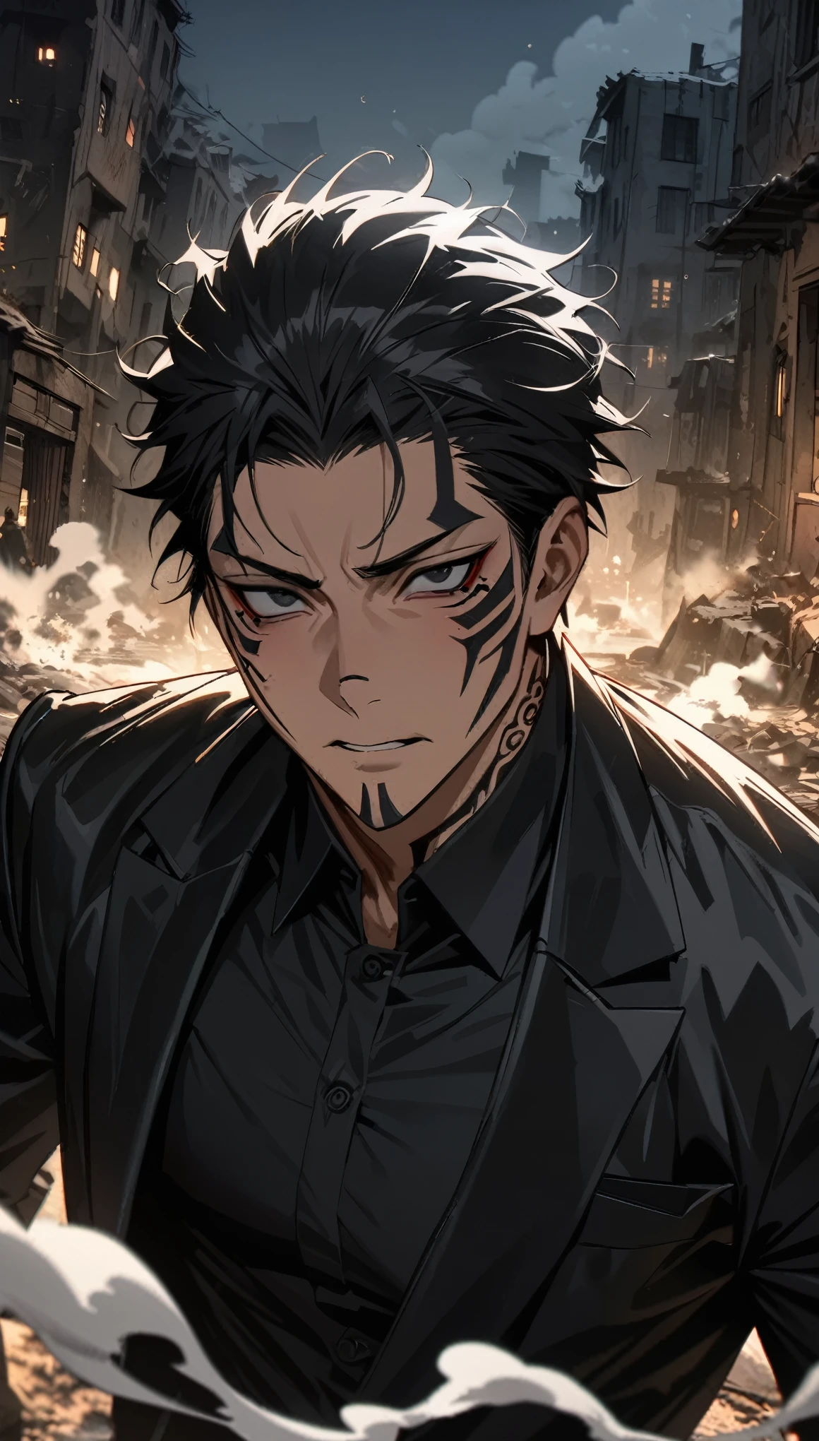 Super detailed, High resolution, High resolution, Absurd, masterpiece, Ryoumen Sukuna, Expressive black eyes, Black Hair, Black tattoo under eye, JUJUTSU KAİSEN, Patterned black suit, Black tight shirt, White smoke, Ruined town, Night Terror, Sexy man, alone, Highly detailed face and eyes, Very handsome, Sparkling