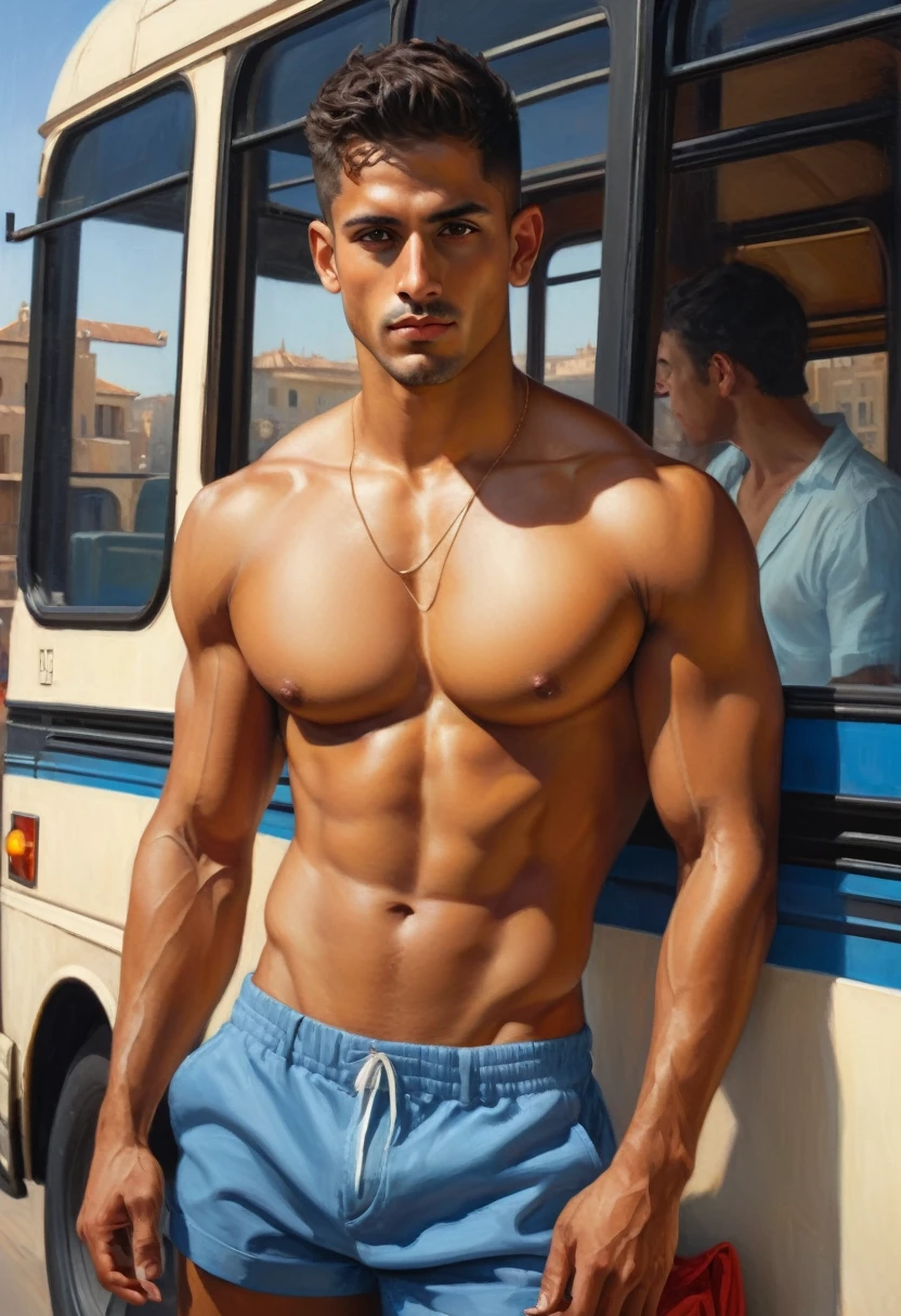 1 young latino man taking the bus ((fullbody)) Generate image with a theme of beauty and masculine strength in an conection with power love for richness that includes elements such as elegant fuiniture, fancy deco in pastel colors that inspire power, luxury, rich, Intense Look at a fancy room: The man shirtless, barefoot, confident gaze, looking directly at the camera by Aaron Horkey and Jeremy Mann, masterpiece, best quality, Photorealistic, ultra-high resolution, photographic light, illustration by MSchiffer, fairytale, Hyper detailed A mixture of photography and painting, simetryc Composition, Perfect Divine Proportione, 8k resolution fullbody image,(( view from above)) ((full body)) , oil painting intense dark hard colors palette The subject is a Latin man, cinnamon skin, toned muscular slender body, beautiful fine symmetrical face, black eyes, Roman nose, square jaw, diamond face shaped, tall, skin realism, hyperrealism oil painting, he is naked shirtless, wearig hard blue shorts, barefoot, big vulge, erected penis, focus pec abs legs sholders, perfect anatomy, perfect proportions Young man, perfect anatomy, , energetic splendid, Barefoot, naked, small flacid penis, slim and detailed muscles, shirtless, pantless, fullbody, wearing sandals, the composition of shadows and lights give an atmosphere of spaciousness,