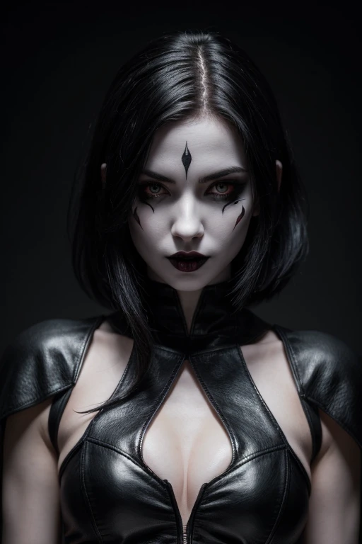 Vampire, assassin, female, solo, pale skin, white skin, black leather outfit, cowl, black hair, small breasts, black lipstick, her face is painted with a Rorschach pattern, twin daggers, red pupils, ((masterpiece, best quality))