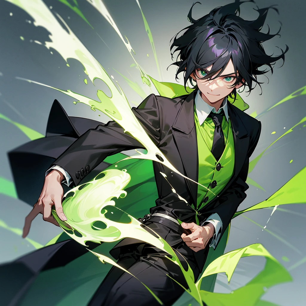 1 man with black hair , wearing a black overcoat covering his white shirt with a lime green tie and black dress pants with pockets and chains while wearing a white scarf with a tall white background with a smile and casting a spell in the form of a lime green time clock with his hair looking like Meliodas with a masculine but beautiful face with green flaming chains