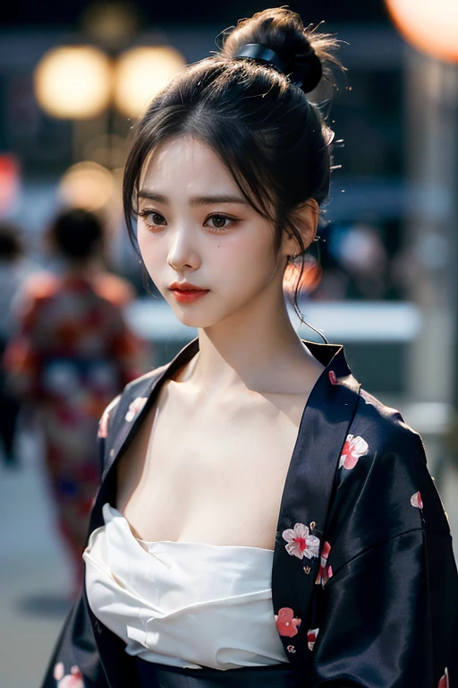 ((((Downn fancy yukata, ponytail, ))), (walking sideways, festivals, in the city, at night, cleavage that boldly looks through the yukata, looking sideways, walking in parallel, angle from above), (very dark lip gloss, pitch black lipstick, so many eyelashes, pitch black eyeshadow), 8k, RAW photos, highest quality, high resolution: 1.1, hyper-realistic: 1.4, Realistic, super detail, photorealistic: 1.3, absurdity, masterpiece, urzan-6500-v1.1:0.33, beautiful_mistake-6500:0.66, pureerosface_v1:0.33, raw photo: 1.2, open mouth, soft light, cinema light, film grain, whole body, depth of field,, blurred background, eye focus, young, 85mm lens, f/1.4, professional lighting, portrait, photon mapping, radiosity, physically based rendering, transparency, Japan girls, sexual arousal: 1.5, realistic face, realistic body, realistic skin, clean: 1.8, teary bogs, watery eyes, raised eyebrows, good style, camel toes, smile, charming smile, fluffy clothes, beautiful collarbones, Beautiful buttocks