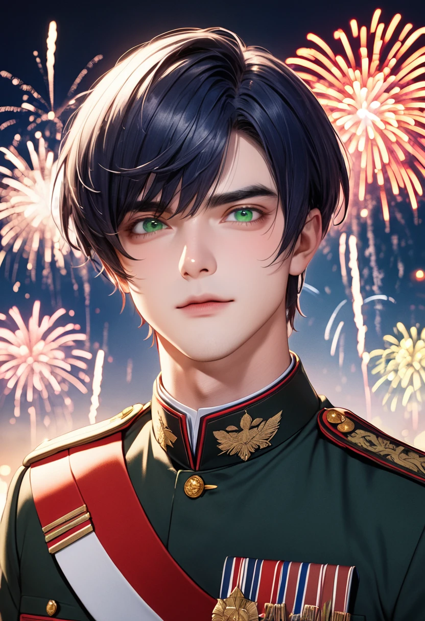 1 male Short dark blue hair and eyebrows Bangs parted above the left eye Deep green eyes Red and white military uniform firework
