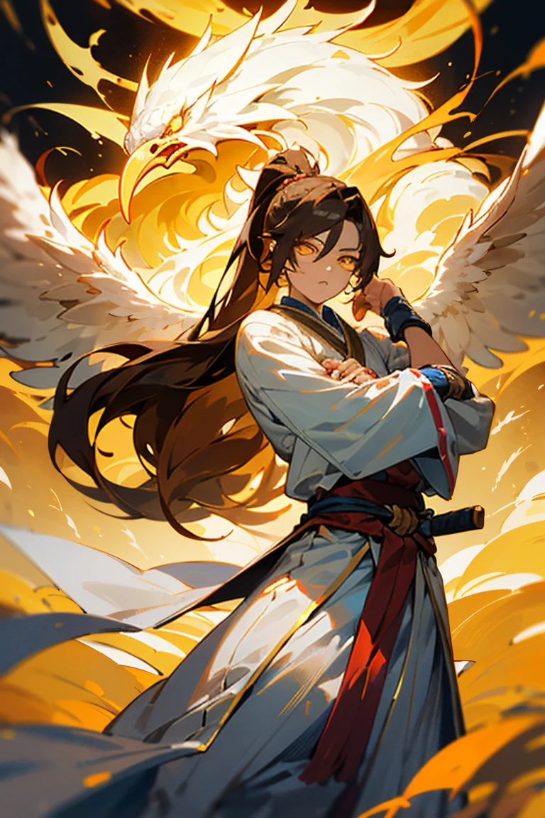 ((melhor qualidade)), ((obra de arte)), (detalhado), Male, long hair, ponytail, amber hair, Golden eyes, glowing eyes, Phoenix imagery, white and Golden clothes, Martial Arts pose, Phoenix feathers, exposed arms