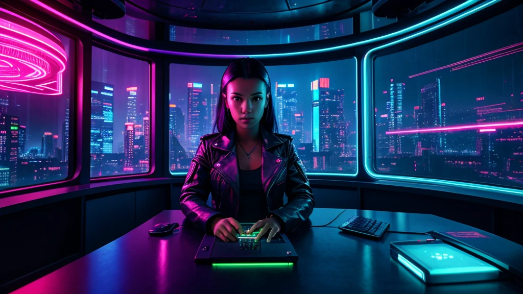 round computer monitor, cyberpunk, 1girl, sitting at desk, futuristic cityscape through window, glowing neon lights, holographic displays, intricate machinery, chrome and glass, chiaroscuro lighting, highly detailed, 8k, photorealistic, cinematic, dramatic, moody, neon color palette, electric atmosphere