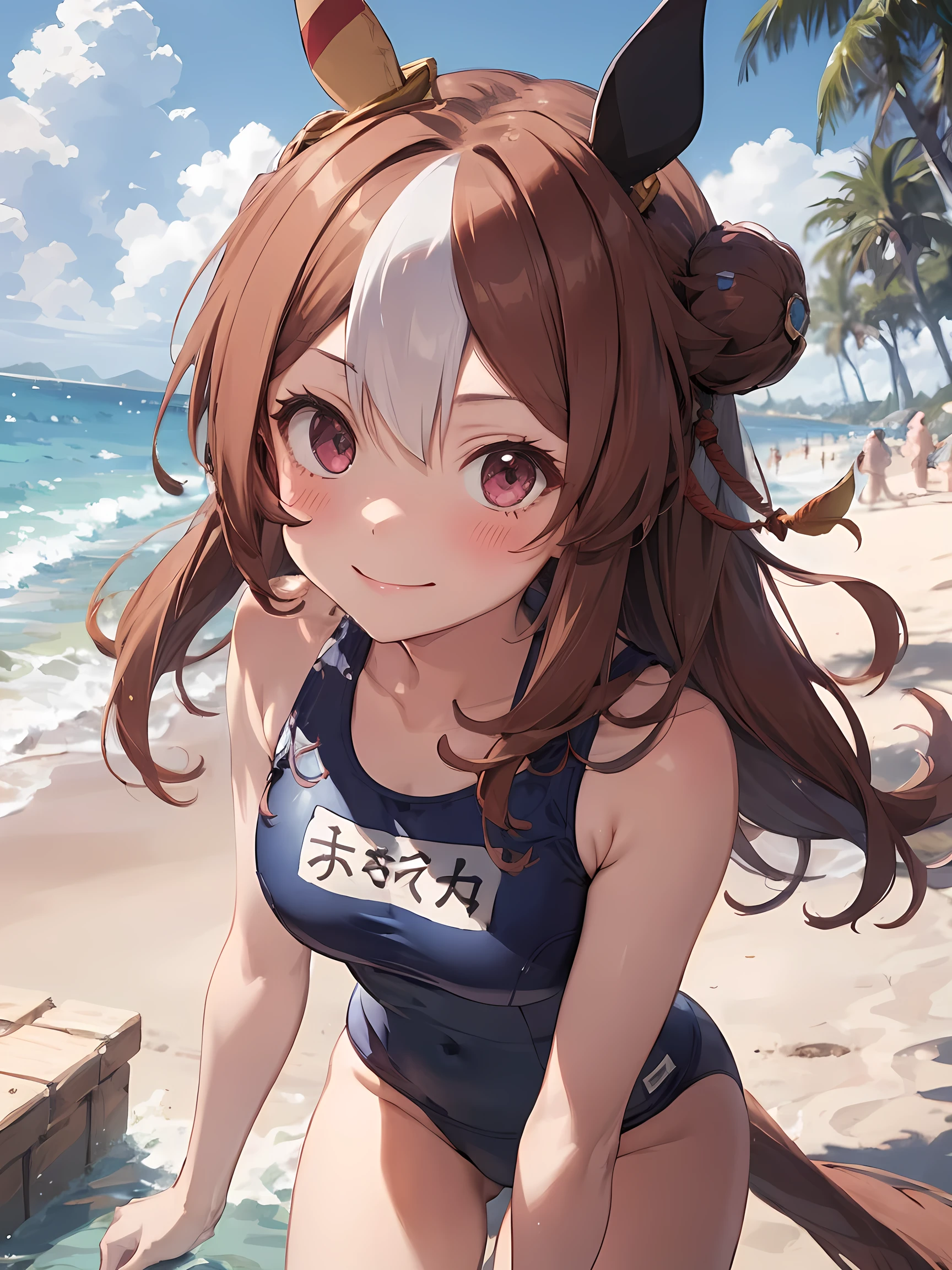 (masterpiece, best quality, perfect face:1.4) looking at viewer , walking, smile, blush, copano rickey \(umamusume\), (School swimsuit:1.2), cowboy shot, beach, Sand castle, tree, wave, wind