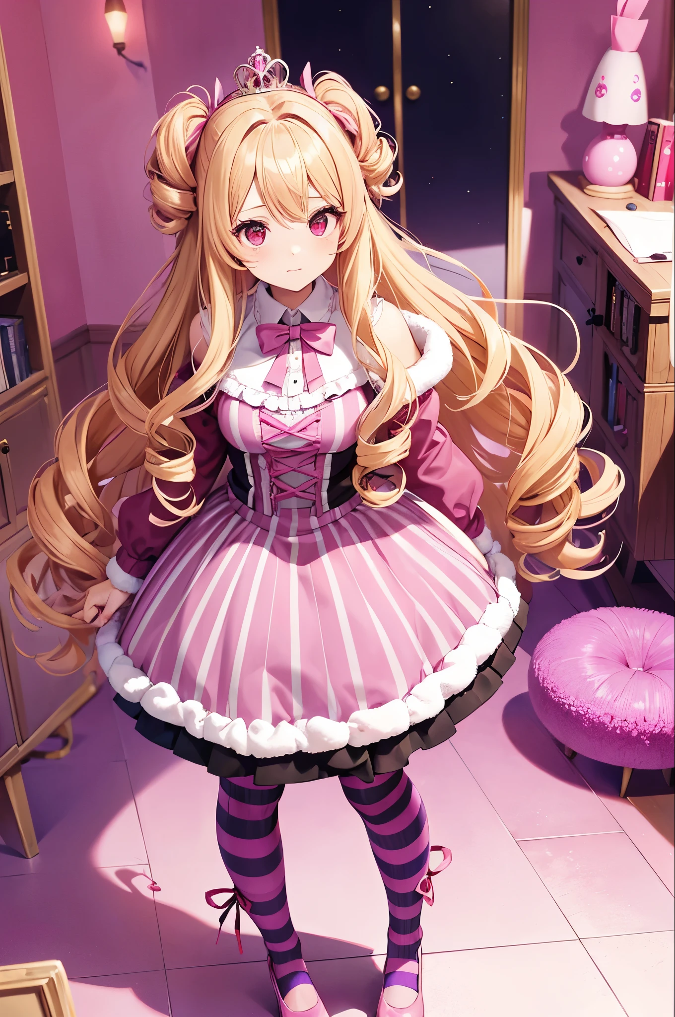 Idol-like animated character Red eyes, slightly drooping eyes, cute expression, shy High quality Dark red,Fur bolero,Jacket Fluffy fur bolero Enji-colored dress skirt Voluminous blonde hair twin dr Strong curly hair Curly hair Large pink ribbon in hair Purple and pink striped stocking tights Purple and pink horizontal striped stocking tights worn One very small round crown hair ornament Blonde twin drills In the room, chair Pink and purple striped tights Pink and purple striped tights/stockings Forehead bangs Big pink ribbon in dress skirt Focus on face Red eyes Full body shot Background in room No shadow, high quality Walking Full face Big pink ribbon on dress skirt Focus on face Full face, high quality Walking Full Face