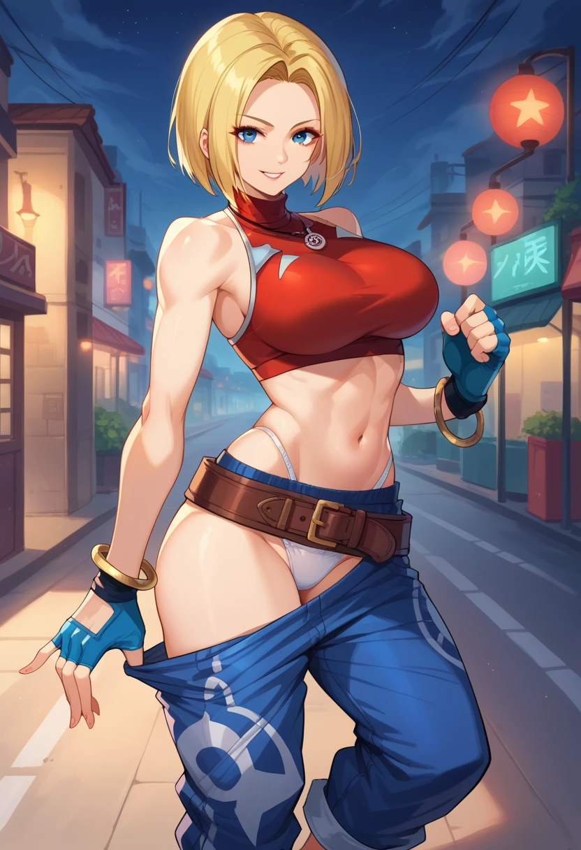score_9, score_8_up, score_7_up, 1girl, solo, BlueMary, short hair, blue eyes,pants, crop top, turtleneck, belt, large breasts, fingerless gloves, necklace, standing, ((pulling down pants)), grabbing hands, white panties, standing, flirtatious smile, looking at you, night, street, illimunated city,