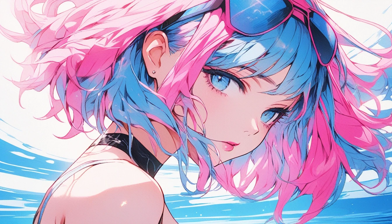 Illustrator, anime , Realistic ,sketch ,1girl, lip, Swimwear,order,Textured Trim, (masterpiece,Highest quality,High resolution, Super detailed) , Blue pink neon hair,Canadian, (masterpiece,Highest quality) Cancer,Strong sunlight,