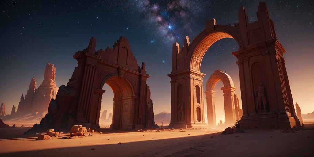 landscape, Burned ground, Red land, dimensional gate, demonic energy, portal (object), giant arch with statues, particles, desert, evening, stars, volumetric lighting, Best Quality, masterpiece, Hand painted textures, intricate details, realist, wrcrft