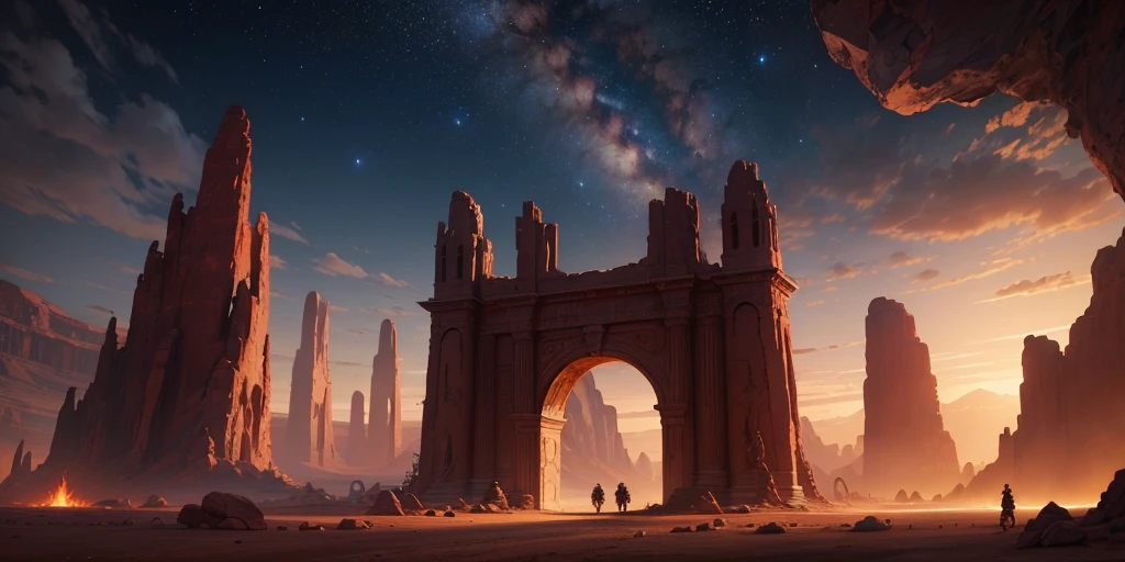 landscape, Burned ground, Red land, dimensional gate, demonic energy, portal (object), giant arch with statues, particles, desert, evening, stars, volumetric lighting, Best Quality, masterpiece, Hand painted textures, intricate details, realist, wrcrft