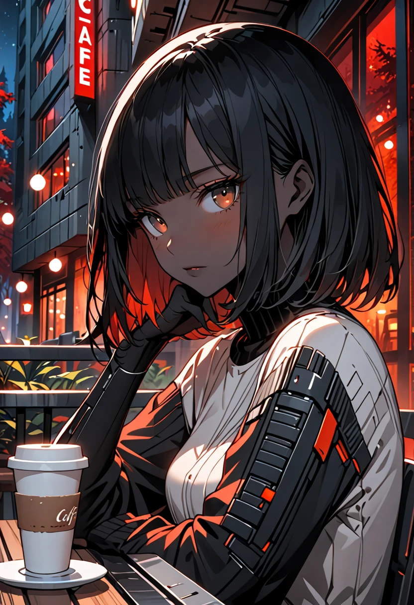 female, close up, long hair, black hair, bob cut hair, futuristic, brutalist architecture, red forest landscape, brown eyes, black skin, sitting, close up, casual clothes, night, blush, café, cup, table