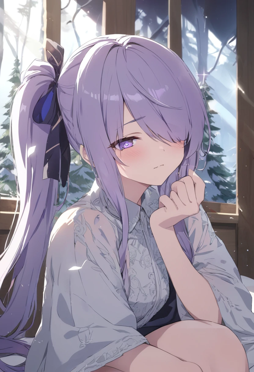 Long hair, blue and Iris purple hair, Side ponytail, hair over one eye, brushed eyes, diagonal bangs, ribbon, hair ribbon, evil eyes, heterochromia, Crystal Pupils, Light Blush, high detail, glowing light, ray tracing, high details, super detail, high quality, highres, 1080P, The snow-capped mountains sparkle silver in The sunlight The pine forest at The foot of The mountain is covered, Stunning, Exquisite, Comely, Charming, Aesthetically pleasing