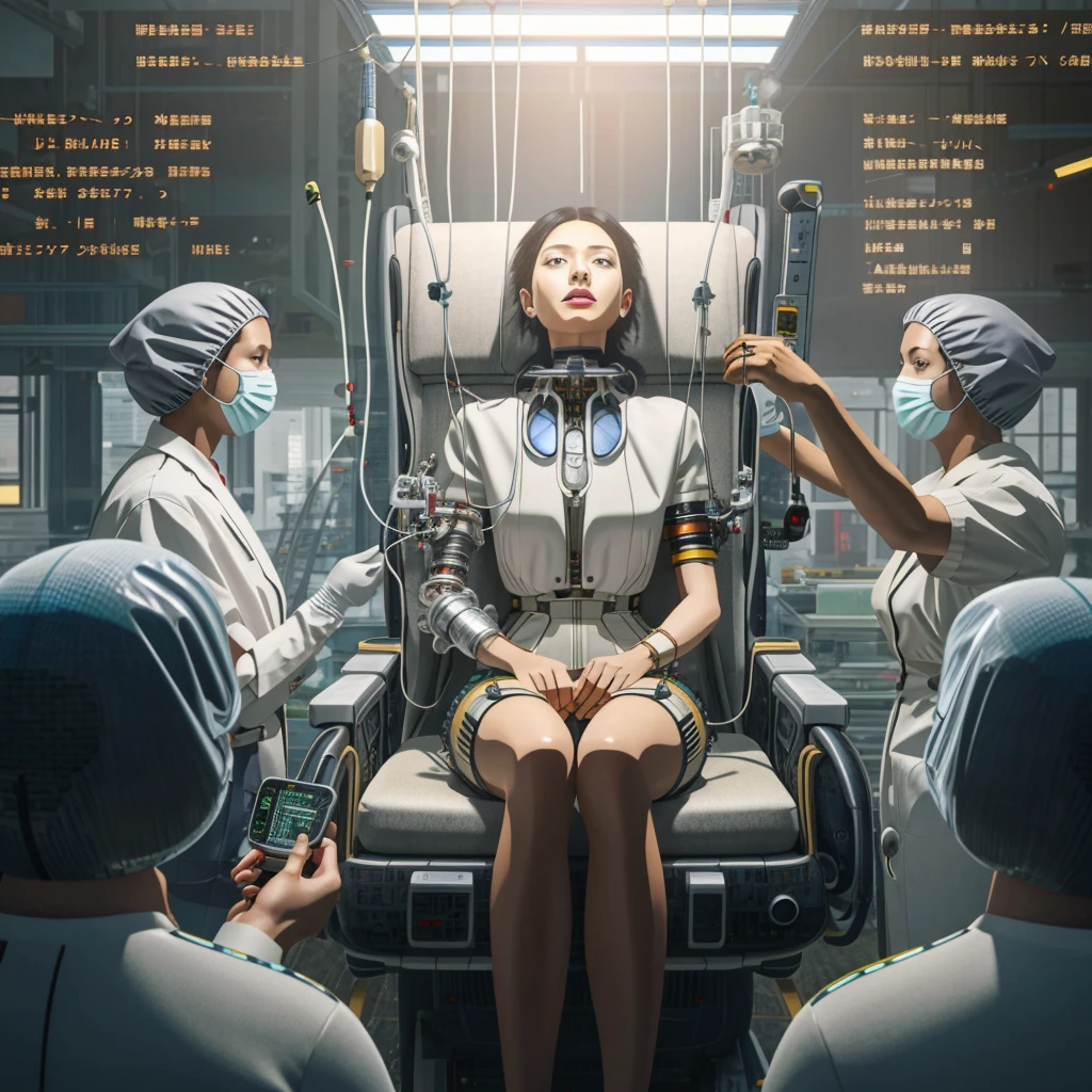 there is a woman wearing a white shirt and black shorts, long black  hair, sitting on a chair with a lot of medical equipment, doctors doing experience, beetle daily art, hiper-realistic cyberpunk style, beetle art, beetle masterpiece, Reality | beetle, beetle and mike winkelmann, Advanced digital cyberpunk art, beetle artwork, beetle. hyperReality