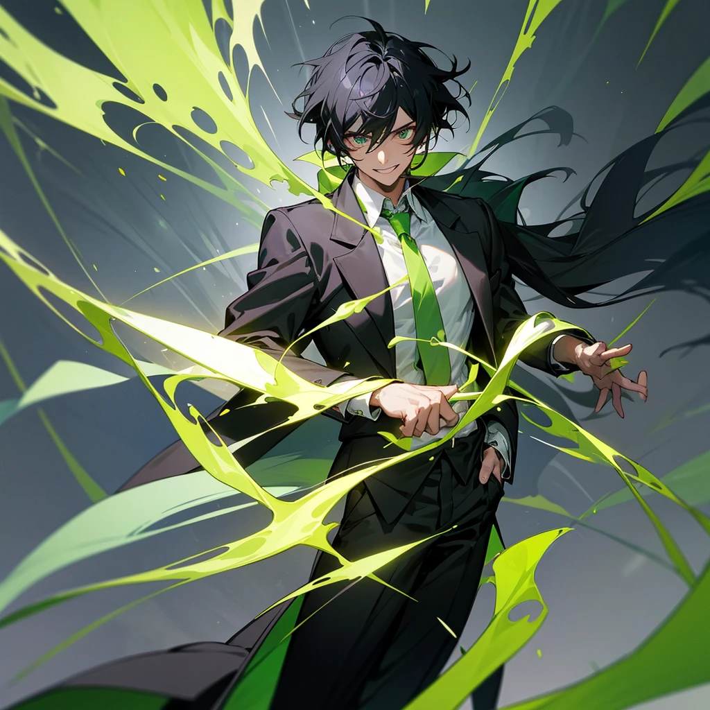1 man with black hair , wearing a black overcoat covering his white shirt with a lime green tie and black dress pants with pockets and chains while wearing a white scarf with a tall white background with a smile and casting a spell in the form of a lime green time clock with his hair looking like Meliodas with a masculine but beautiful face with green flaming chains 