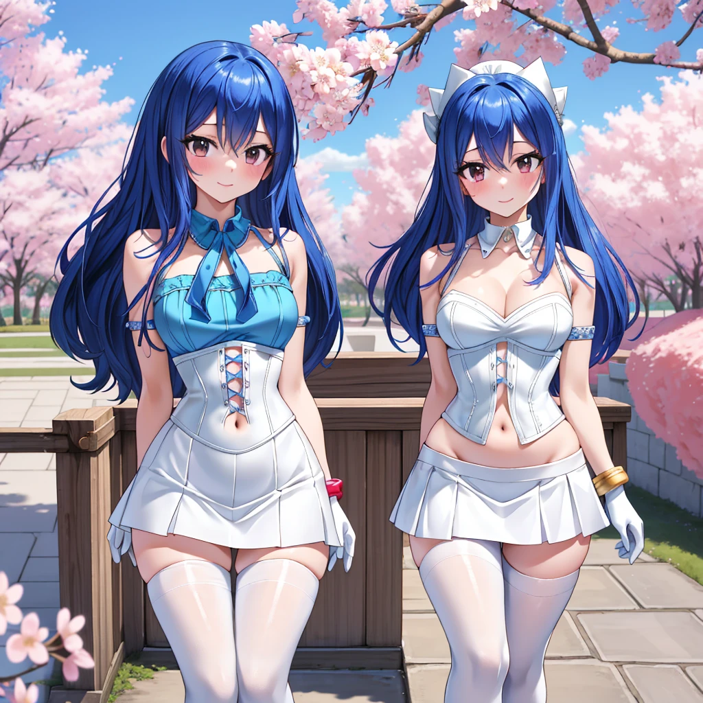 realisitic, foto realisitic, cowboy shot, work of art, absurderes, (colorfully), 1 girl, , 1, 62 HIGH, 56 kilos, Wendy Marvell, forehead mark, hair blue, tight detailed white miniskirt half up, sexy navel showing, crotch, bracelet, blue mini blouse with sensual neckline connected to a sexy wide collar without bra, corset, shoulders exposed with long white gloves, looking ahead at viewer, Ruddy face, ssmile, Cherry blossoms, private garden, Tuuli, floating hair, Medium chest, slim and sexy waist, (((medium hips))), Corpo sexy, detailedeyes, dynamic pose, Full-body image, 4K, High Definition Full Hd, super resolution, generate extremely detailed image down to the smallest details, white pantyhose on without panties