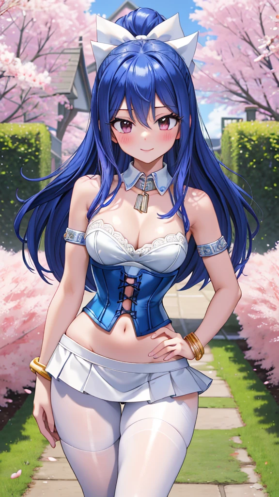 realisitic, foto realisitic, cowboy shot, work of art, absurderes, (colorfully), 1 girl, 17 years old, 1, 62 HIGH, 56 kilos, Wendy Marvell, forehead mark, hair blue, tight detailed white miniskirt half up, sexy navel showing, crotch, bracelet, blue mini blouse with sensual neckline connected to a sexy wide collar without bra, corset, shoulders exposed with long white gloves, looking ahead at viewer, Ruddy face, ssmile, Cherry blossoms, private garden, Tuuli, floating hair, Medium chest, slim and sexy waist, (((medium hips))), Corpo sexy, detailedeyes, dynamic pose, Full-body image, 4K, High Definition Full Hd, super resolution, generate extremely detailed image down to the smallest details, white pantyhose on without panties 
