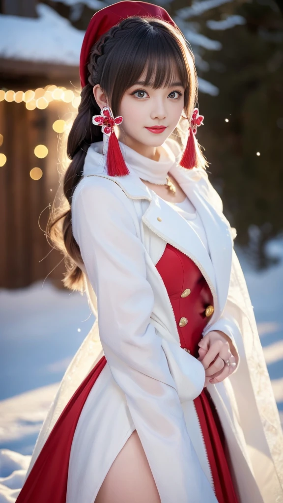 (Aesthetic, high resolution: 1.2), A beautiful 20-year-old woman,Smooth long legs,,Wearing an exquisite red Santa Claus costume, Symmetrical garment construction, Bright and clear eyes, a happy expression, Change your hairstyle, Falling snowflakes, Snow on your hair. Professional photographer, Minimalism, Concept Art, Intricate details, 8k post production, HD, Ultra Detailed, Popular on artstation, Clear focus, Artistic dark studio photo, 细节 错综Intricate details, Very detailed, author:Greg Rutkowski, Professional Light and Shade Art, Vibrant colors. Winter outdoor scene with snow at night, A faint smile, True Art, Multiple hairstyles and color variations, Passionate Mood, Seductive expression, Sexy lips, Wet lips, Eye Target, Attractive appearance, posture.