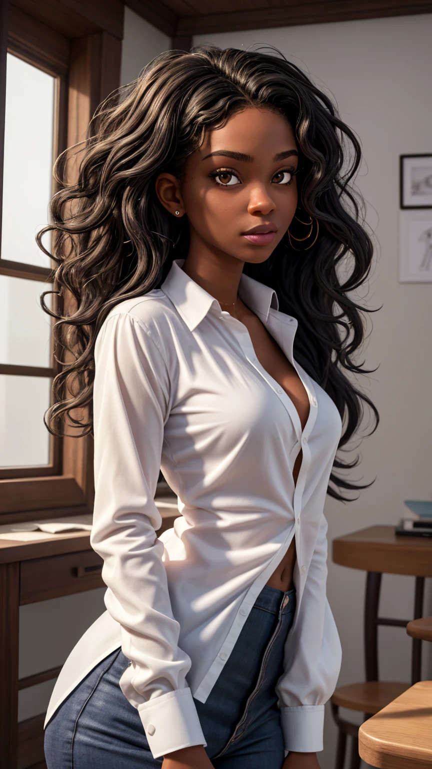 (work of art, best qualityer), deep ebony 1girl, beautiful face, freely wavy hair, white shirt unbuttoned
