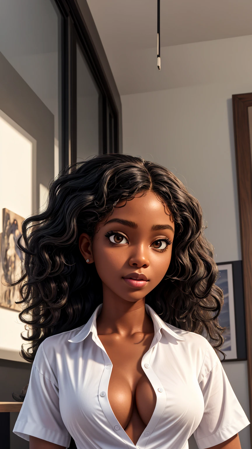 (work of art, best qualityer), deep ebony 1girl, beautiful face, freely wavy hair, white shirt unbuttoned