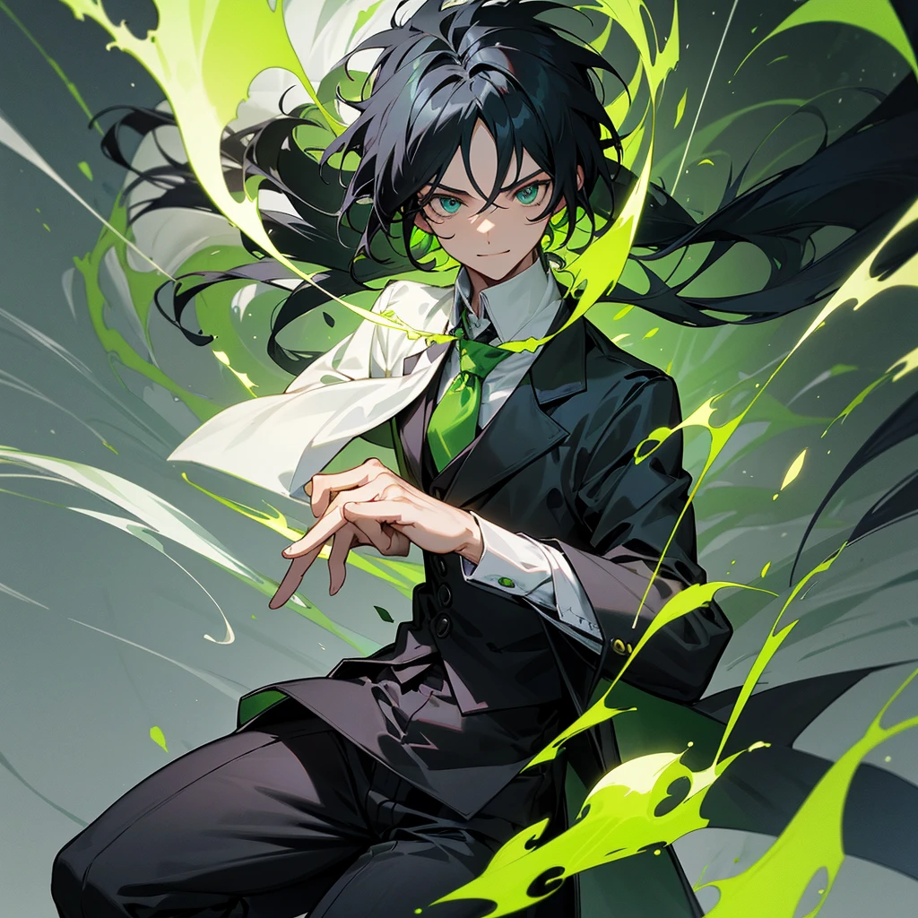 1 man with black hair , wearing a black overcoat covering his white shirt with a lime green tie and black dress pants with pockets and chains while wearing a white scarf with a tall white background with a smile and casting a spell in the form of a lime green time clock with his hair looking like Meliodas with a masculine but beautiful face with green flaming chains