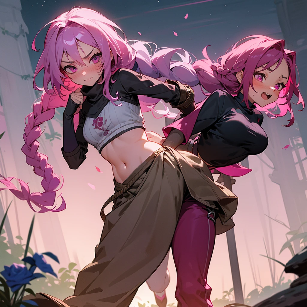 1female, sexy, young teen, finely detailed magenta eyes, wild long hair, braided hair, rose color hair, adventurer gear, crop top sweater, baggy combat pants, night time, dark forest, excited expression, flowers, blushing, standing on path, lanturns, black armband