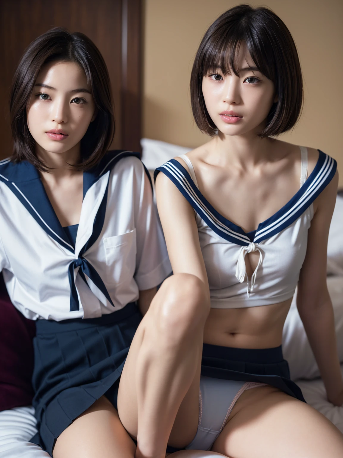 (masterpiece:1.2), Very detailed, Ultra-high resolution, (Realistic, photo Realistic:1.6), High-resolution RAW color photos, Professional photos, Sharp focus:1.2, (Very detailed顔と肌の質感, Very beautiful eyes, Glossのある肌, Glowing Skin, Glowing Skin, Shining Face, Gloss, Oily skin, greasy face, Oily skin, greasy face,),, (real Glossのある肌 texture), Perfect Anatomy, Very detailed背景,((Hotel Bed)), 1 female,25-year-old woman, Japanese women,Slender legs:1.3,(short hair, Straight hair, bangs, Brown Hair),(Flat Chest:1.6), (((Japanese high school girls uniform,Sailor suit,Knee-length skirt、Sexy thong panties under skirt))),(Show inside the skirt)、((Strip uniforms:1.5))