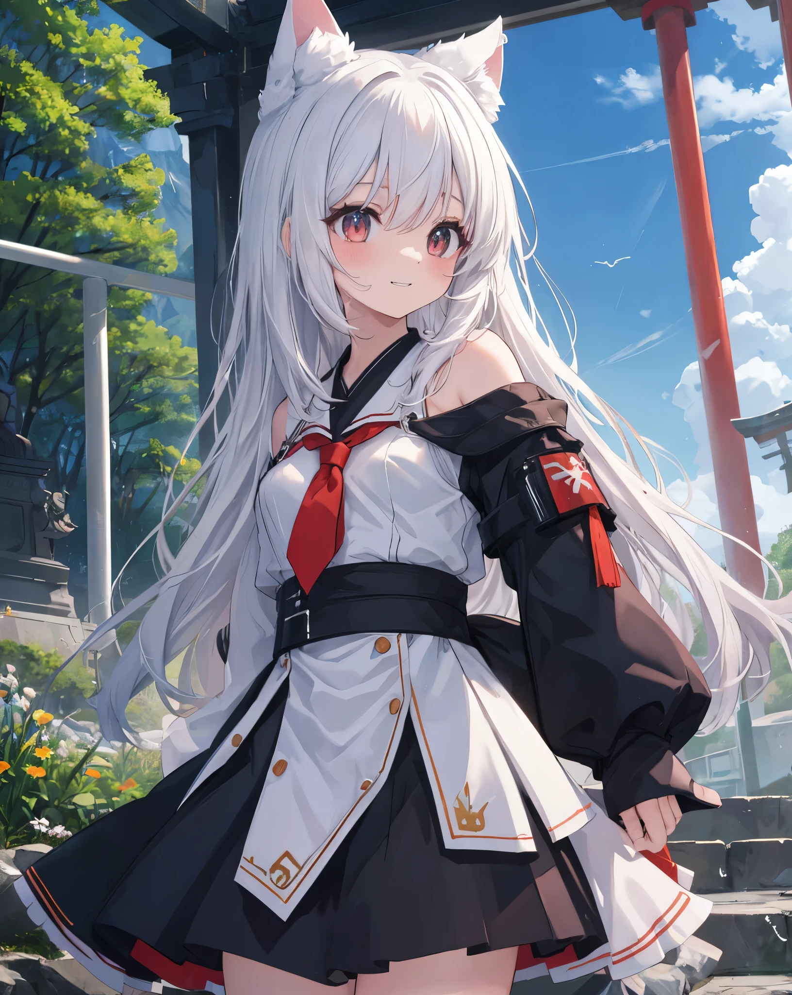 (Highest quality, Masterpiece: 1.2), (Solo), Anime coloring book, 4K quality, hdr, ultra vibrant colors, detailed 
SUBJECT
(((1woman))), White hair, cat ears, cat tail, neko ears, neko tail, little grinning happy smile.she has 28 years old.
CLOTHES
Red Ribbon as necktie, bare shoulder, black transparent black shirt, white shorts, red ribbon on hair, white nike sneakers with black details.
A girl immersed in the world of anime High school description Noise, she blush.
ACTION
She is Climbing the steps of a red Torii, black torii course To reach a Japanese temple surrounded by nature. 
Reflexes on eyes, vivid pupils.
Golden eyes hyperdetailed.
She is walking in front of me, she has turned to hold out her hand as we go up the temple stairs
LOCATION 
Mountain, forest, blue sky, clouds, cloudy sky, dewy road, sun, Climb,Steps, rock stairs, landscape, blue sky and white clouds, fantastic light, beautiful light, It rained and the puddles reflected the panorama, mysterious, Beautiful, clear nature, dream, heaven, cliff, aurora, mirage, moon, planet, meteorite, Airplane contrails. You can see the temple at the top of the mountain
