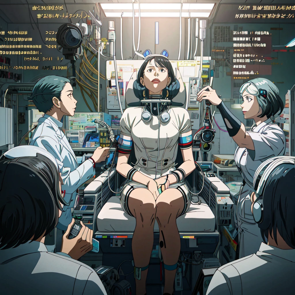 there is a woman wearing a white shirt and black shorts, long black hair, sitting on a chair with a lot of medical equipment, doctors doing experience, beetle daily art, hiper-realistic cyberpunk style, beetle art, beetle masterpiece, Reality | beetle, beetle and mike winkelmann, Advanced digital cyberpunk art, beetle artwork, beetle. hyperReality