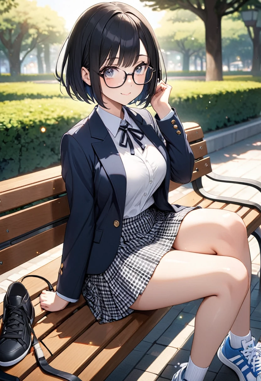(Beautiful 18 year old Japanese woman), Cute Face, blazer,Ribbon tie,Checkered Skirt, Glasses,tiny socks,sneakers,(Deeply chiseled face:0.7), (freckles:0.6), Soft Light,Healthy white skin, Black Hair,Bobcut, (white panties), (Sparkling eyes), thin,Very large breasts,,Sitting on a bench