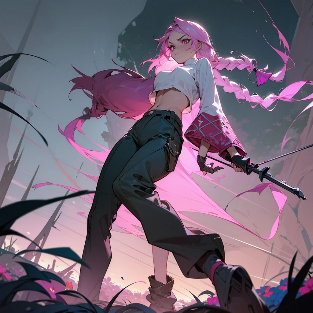 1female, sexy, , finely detailed magenta eyes, wild long hair, braided hair, light pink color hair, adventurer gear, crop top sweater, baggy combat pants, night time, dark forest, somber expression, angry, flowers, standing on path, lanturns, black armband