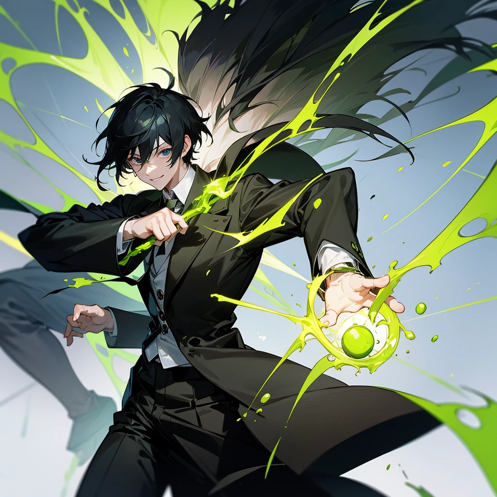 1 man with black hair , wearing a black overcoat covering his white shirt with a lime green tie and black dress pants with pockets and chains while wearing a white scarf with a tall white background with a smile and casting a spell in the form of a lime green time clock with his hair looking like Meliodas with a masculine but beautiful face holding a scythe with a green blade and black handle with green flaming chains highlighting the scythe