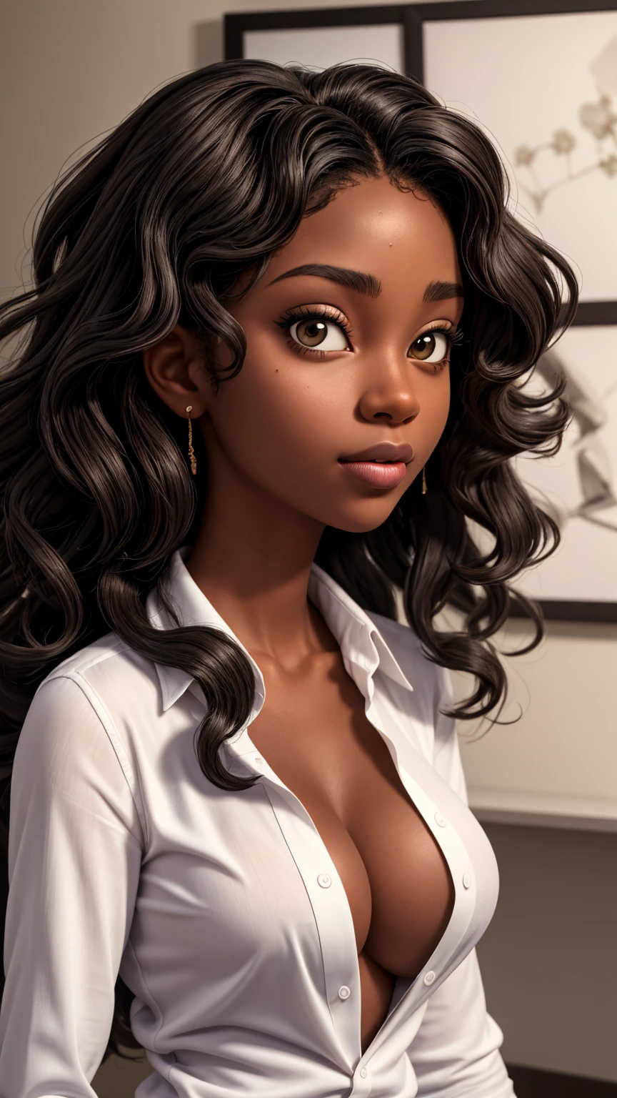 (work of art, best qualityer), deep ebony 1girl, beautiful face, freely wavy hair, white shirt unbuttoned