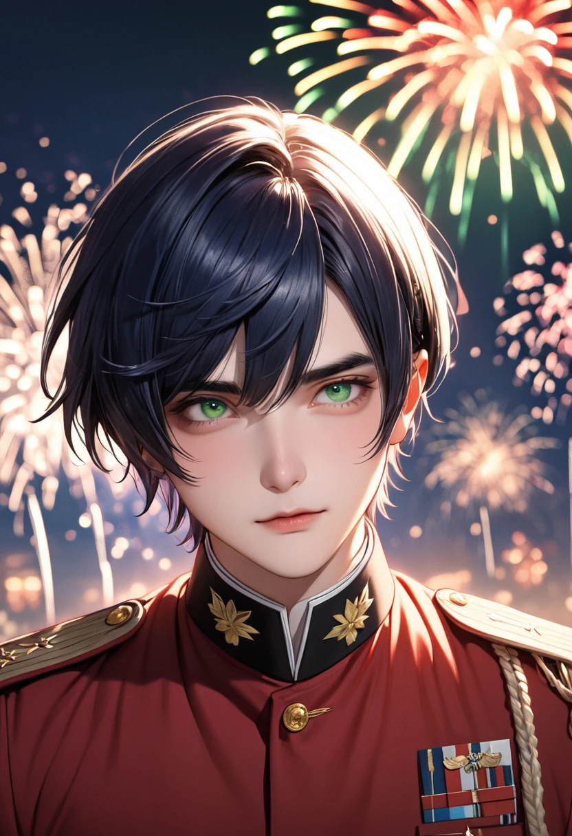 1 male Short dark blue hair and eyebrows Bangs parted above the right eye Deep green eyes Red military uniform firework