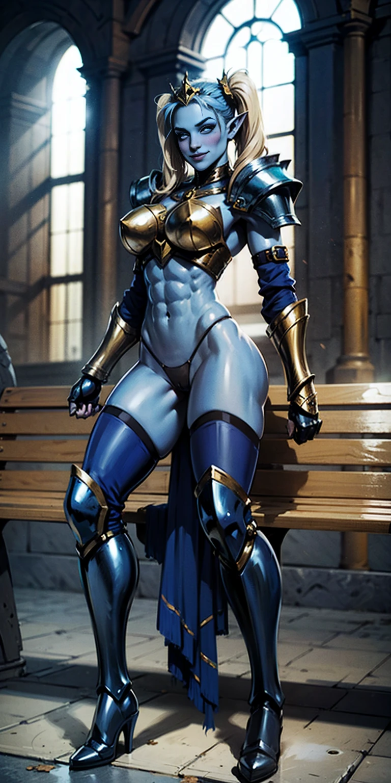 full body sitting on a bench showing ass to me, BLUE breastplate, BLUE skin (1girl)(BLUE skin:1.2), looking at viewer, shiny, armor, thigh highs, high boots, pauldrons shoulder armor, faulds, poleyn, gloves, gauntlets, rerebrace armored boots, (masterpiece, best quality, ultra-detailed, best shadow) yordle pointy ears muscular lean platinum blonde long twin-tails hairstyle at the office lustful smirking smile face red blushed, blush, strong abs, female body builder, tiara, twin drills hair