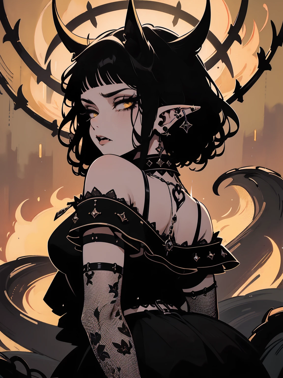 high détail, work of art, dramatic lighting(absurderes, high resolution, ultra detaild), extremely detailed 8k CG unit. mature face, adult Woman, Woman, mature Woman, elf, piercings, Short Wavy Black Hair and Bangs, (black hair), fangs, yellow eyes, modest black clothes, mad expression, whole body. backwards, looking back