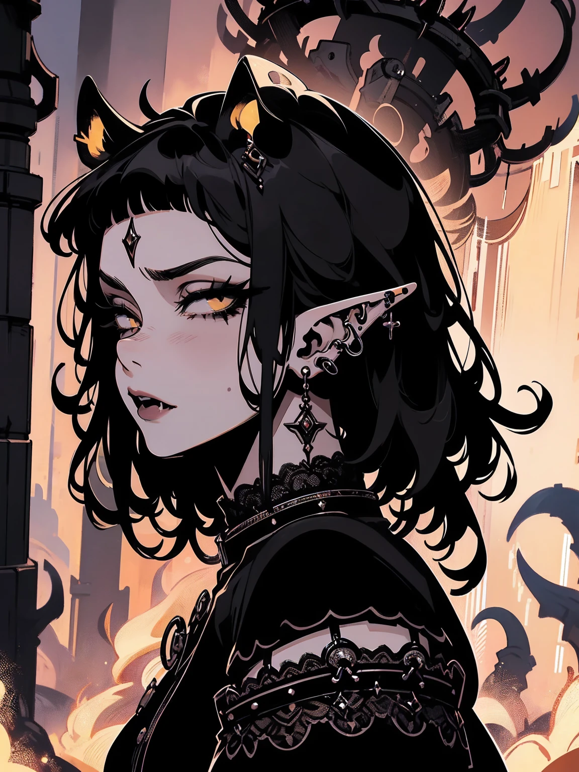high détail, work of art, dramatic lighting(absurderes, high resolution, ultra detaild), extremely detailed 8k CG unit. mature face, adult Woman, Woman, mature Woman, elf, piercings, Short Wavy Black Hair and Bangs, (black hair), fangs, yellow eyes, modest black clothes, mad expression, whole body. backwards, looking back