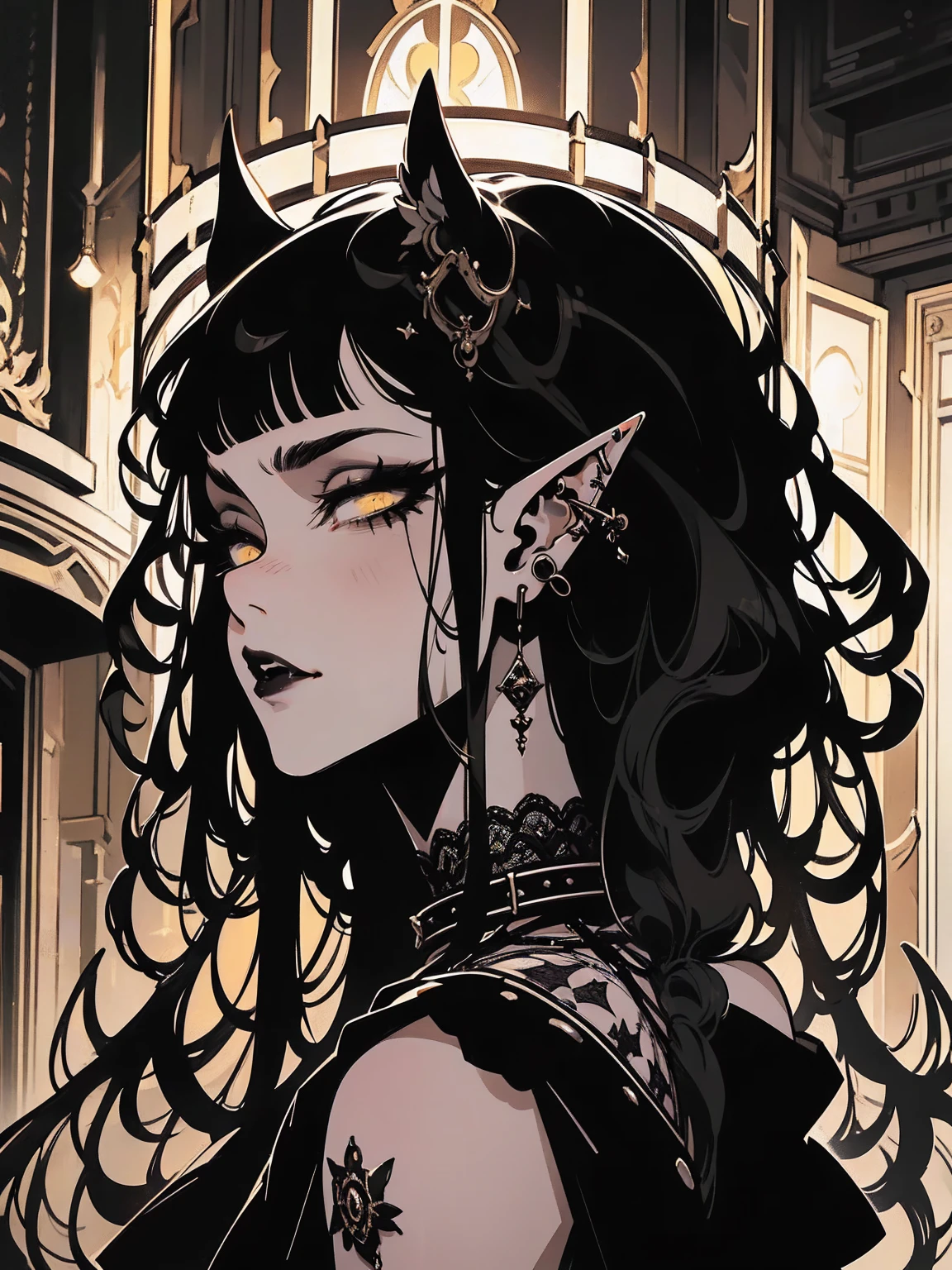 high détail, work of art, dramatic lighting(absurderes, high resolution, ultra detaild), extremely detailed 8k CG unit. mature face, adult Woman, Woman, mature Woman, elf, piercings, Short Wavy Black Hair and Bangs, (black hair), fangs, yellow eyes, modest black clothes, mad expression, whole body. backwards, looking back