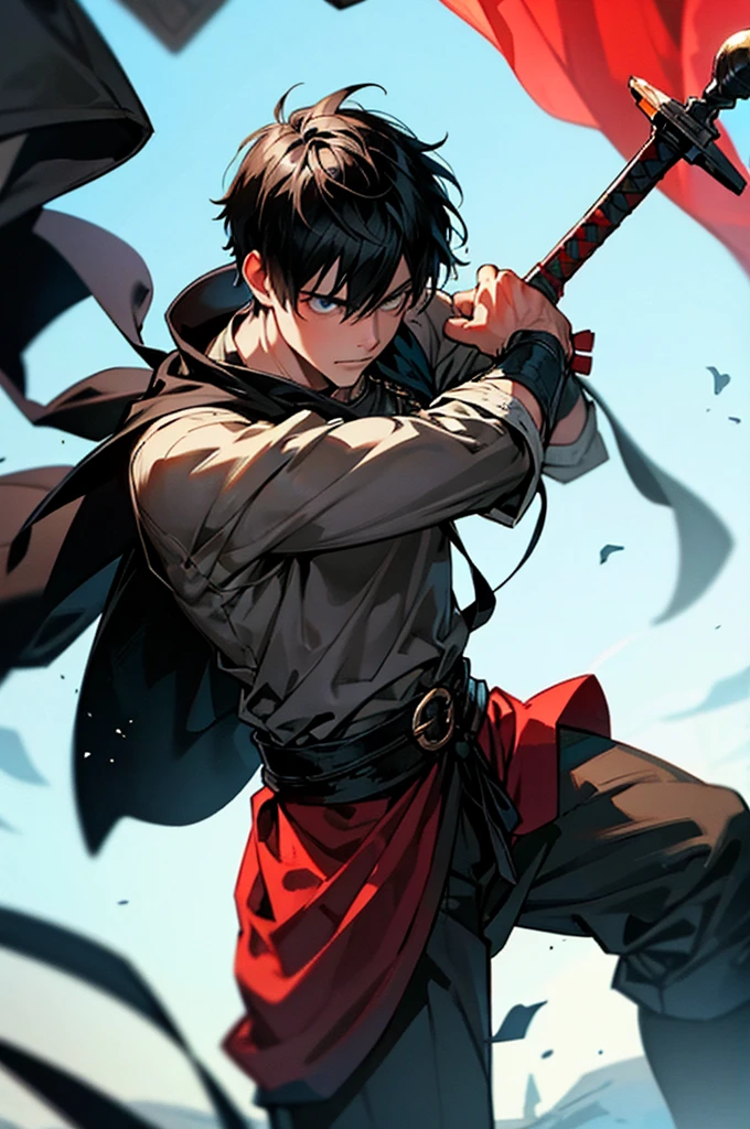 Viking man with short black hair, use a sword in each hand