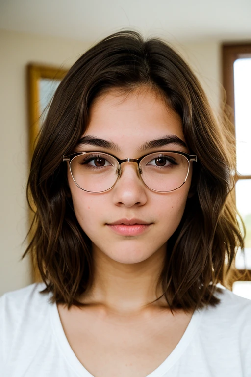 age girl with short straight light brown hair, clear brown eyes, metal frame glasses, marked jaw, thin eyebrows, round nose
