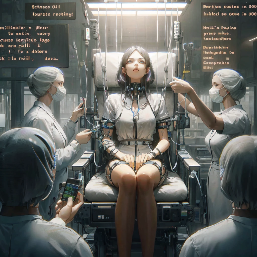 there is a woman wearing a white shirt and black shorts, long black  hair, sitting on a chair with a lot of medical equipment, doctors doing experience, beetle daily art, hiper-realistic cyberpunk style, beetle art, beetle masterpiece, Reality | beetle, beetle and mike winkelmann, Advanced digital cyberpunk art, beetle artwork, beetle. hyperReality