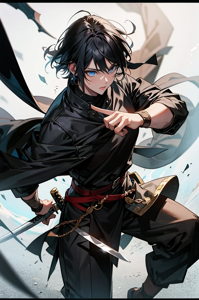 Viking with short black hair, with two swords 
