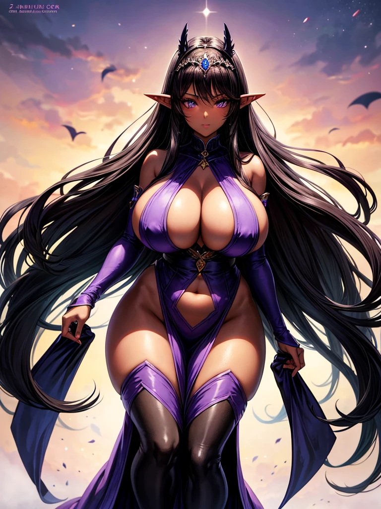 Elf, Sexy, Adult, Pointy Ears, Dark Brown Skin, Purple Eyes, Thick Twin Tailed Hair, Long Black Straight Hair, Huge Breasts, Huge Hips, Thick Theighs, Black Royal Dress, Tiara, Full Body, High Quality, 1Girl,