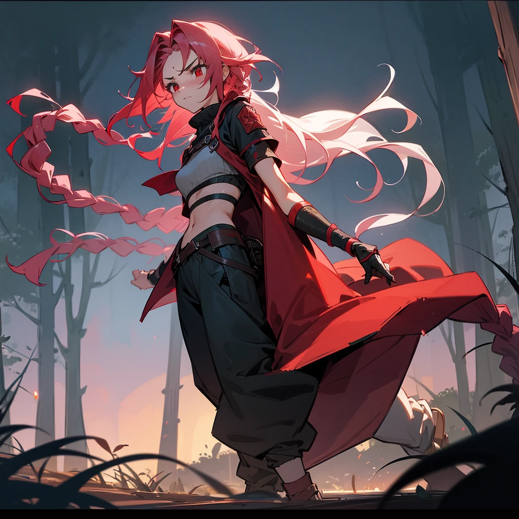 1female, sexy, young , finely detailed red eyes, wild long hair, braided hair, rose color hair, adventurer gear, crop top sweater, baggy combat pants, night time, dark forest, somber expression, angry, flowers, standing on path, lanturns, black armband