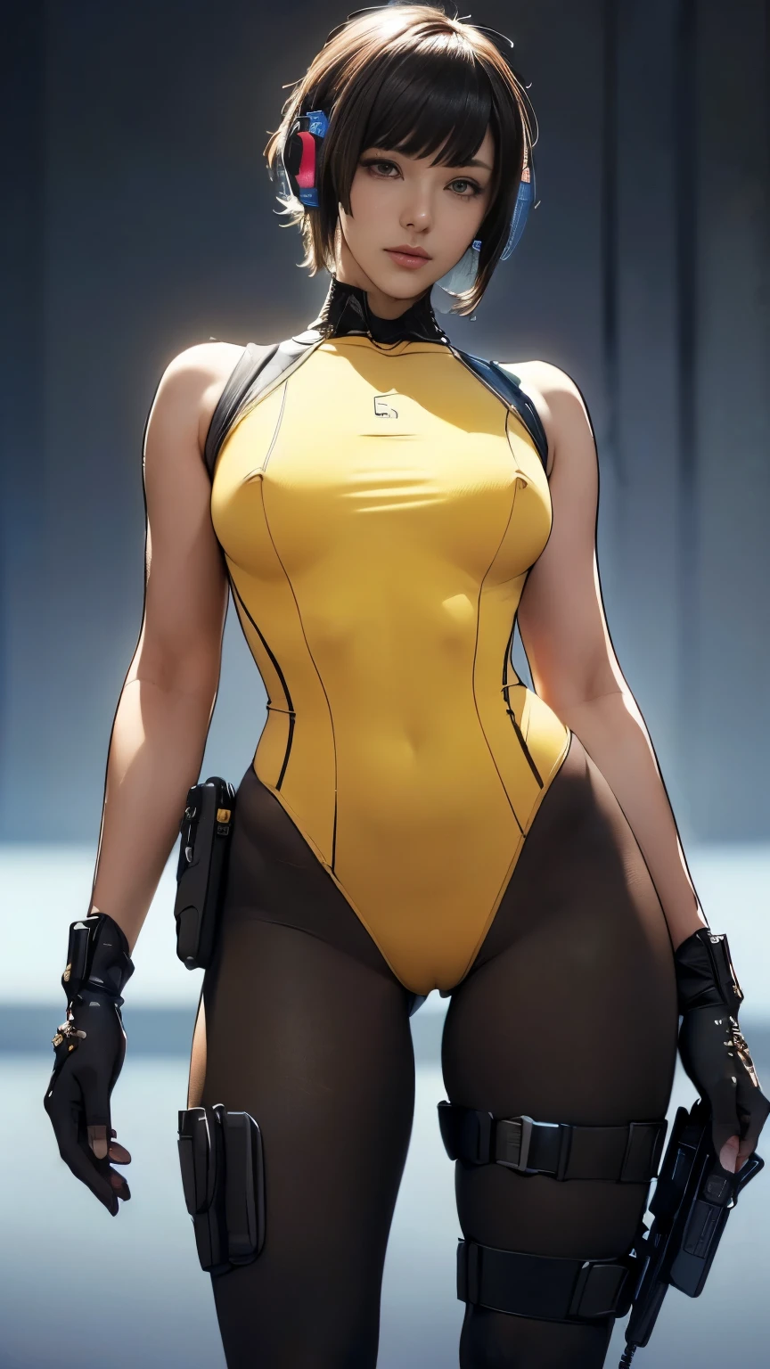 (A woman),(((A female special forces member stands))),((Yellow tactical High leg bodysuit:1.5)),((earphone:1.5)),((Tactical Holster:1.5)),(Gloves:1.5),(Serious:1.5),(Super short hair:1.5),(bionde:1.5),(beautiful eyes:1.3),(Very detailedな顔:1.5),((Very detailed drawing of a female hand:1.5)),((muscular:1.5)),(Sexy appearance:1.5),((Thick thighs:1.5)),(Beautiful Body:1.5),((Very sensual:1.5)),(The backdrop is a futuristic city:1.5),(Cyberpunk atmosphere:1.5),(((Blurred Background:1.5))),(Written border depth:1.5),rest(((masterpiece:1.5),(best quality:1.5),(Very detailed:1.5),(high resolution:1.5),(Practical:1.5),(Practical:1.5),(Delicate depiction),(Carefully drawn))),8k,wallpaper