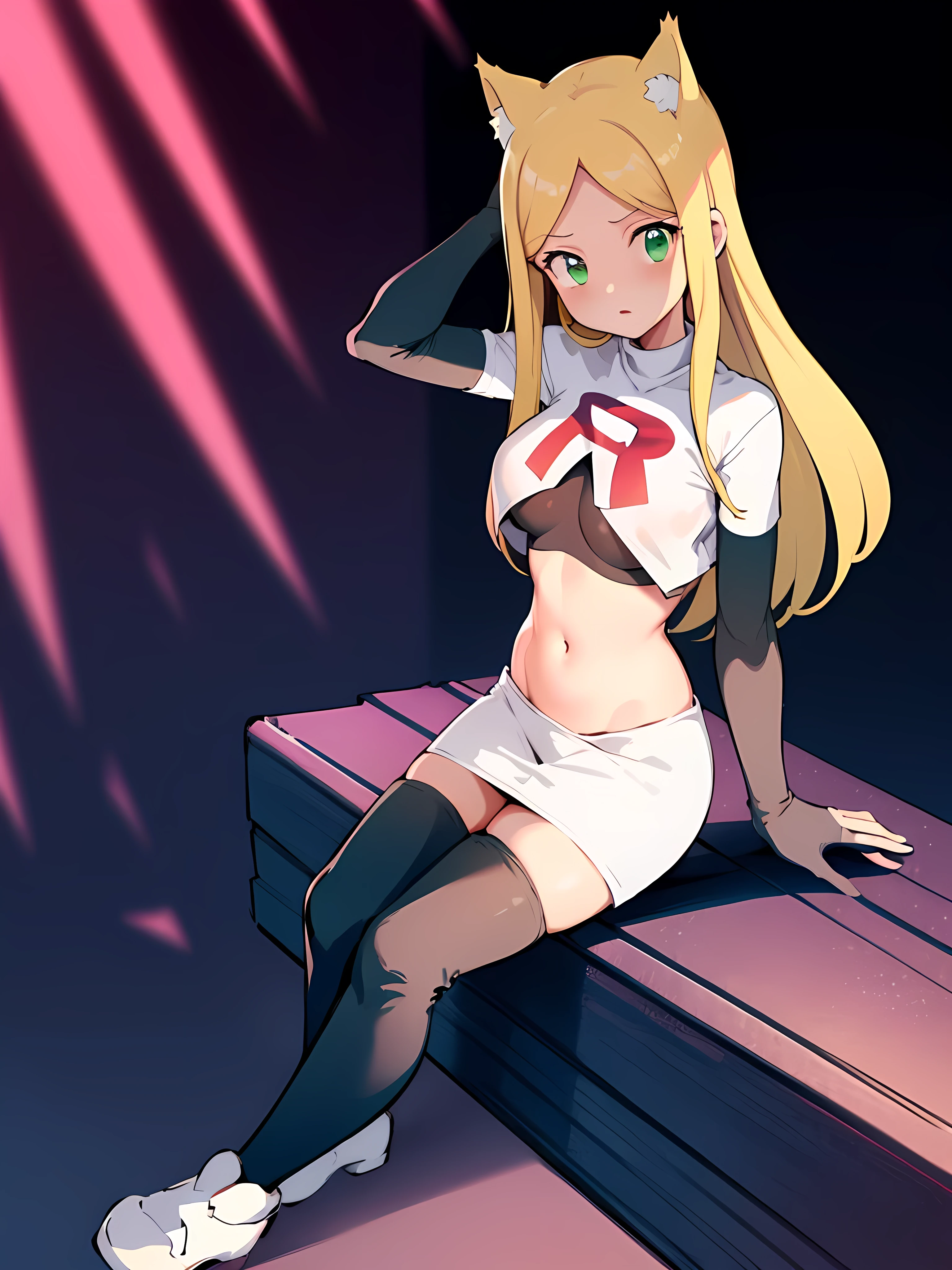 masterpiece, best quality, Izumi\(digimon\), green eyes, long hair, 1girl, big size breast, solo, team rocket,team rocket uniform, red letter R, white skirt,white crop top,black thigh-highs,black elbow gloves, white cat hat, seated