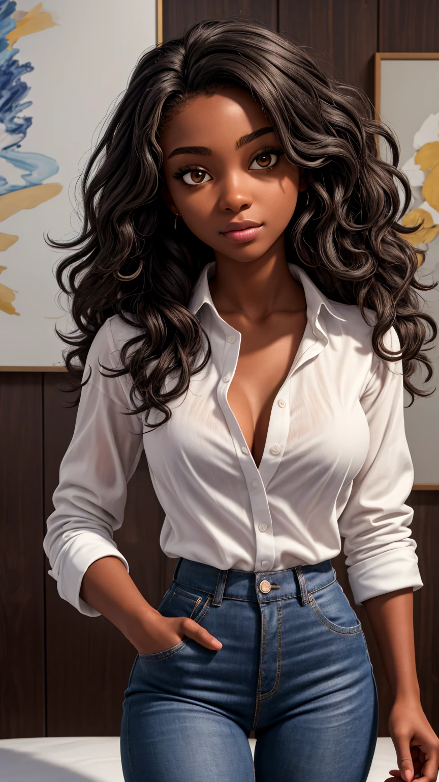 (work of art, best qualityer), deep ebony 1girl, beautiful face, freely wavy hair, white shirt unbuttoned