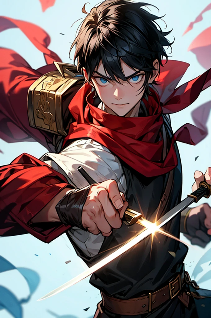 Viking man with short black hair, with two swords 