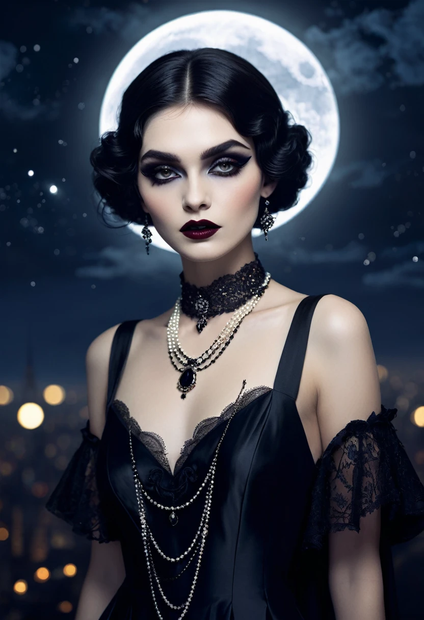/imagine prompt: https://imipr.co/i/d5AC283KOo.jpg, a female vampire in a full moon night::6, 1920s::4, magic realism::1, charlie bowater::1, high angle::4, oleg oprisco::1, vampire::1, gothic makeup::3, cosplay outfit::1, coco chanel::1, dark academia interior design::3 --ar 9:16 --chaos 100 --iw 1.5 --s 750 --tile --q 6 --uplight